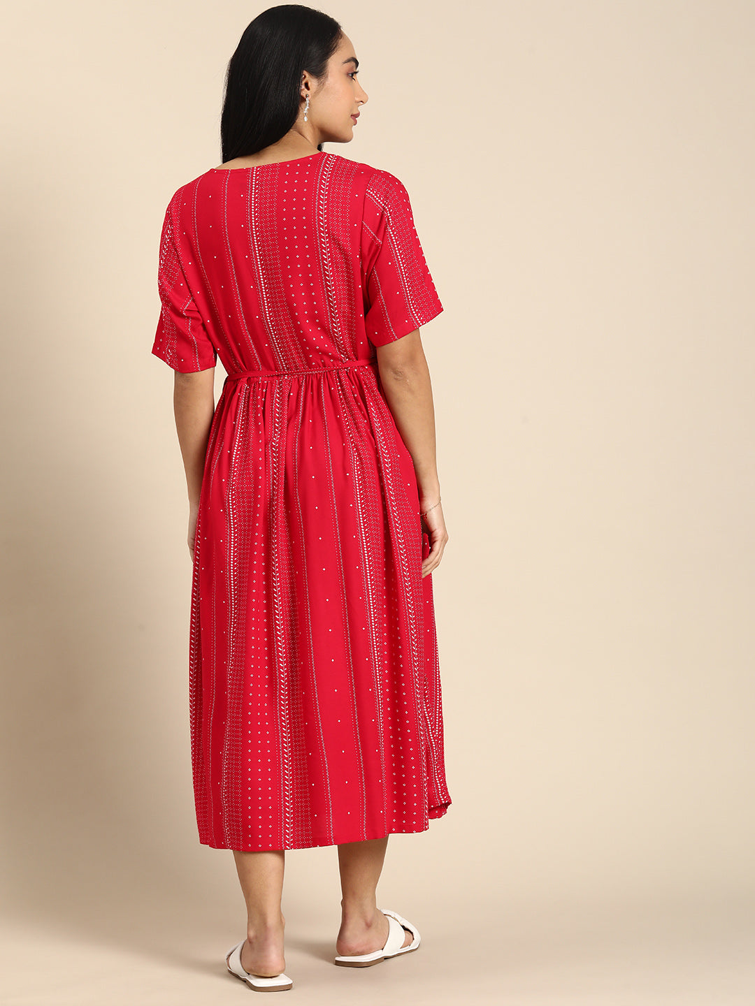 Chayim Maternity Woven Calf length Longewear dress with open placket and Discreet feeding-Cherry red