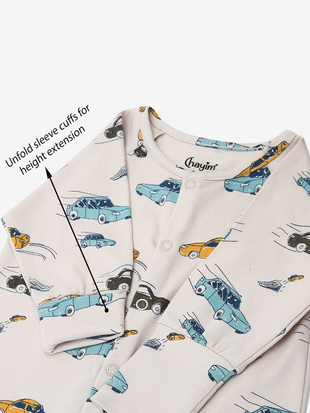 Baby Stretch Cotton Modal Sleepsuit/Playsuit Off White Car Print