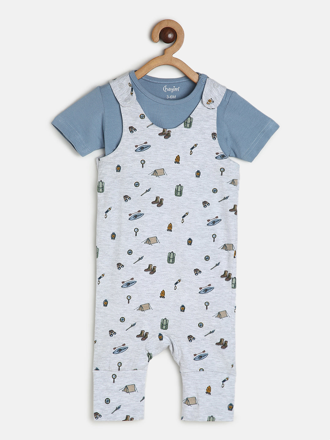 Baby Modal Stretch Dungaree Set Blue Tee /Travel Print