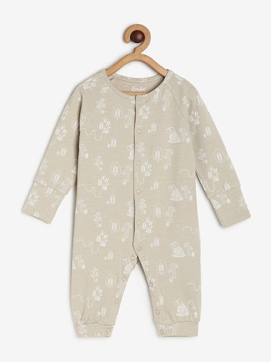 Baby Stretch Cotton Sleepsuit/Playsuit Beige Ctr Print