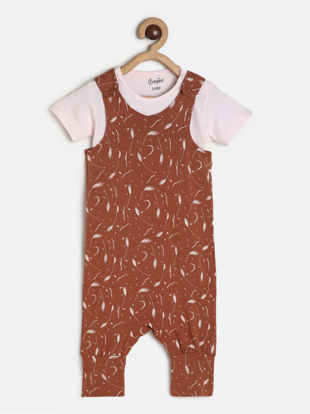 Baby Modal Stretch Dungaree Set Baby Pink Tee /Leaf Print