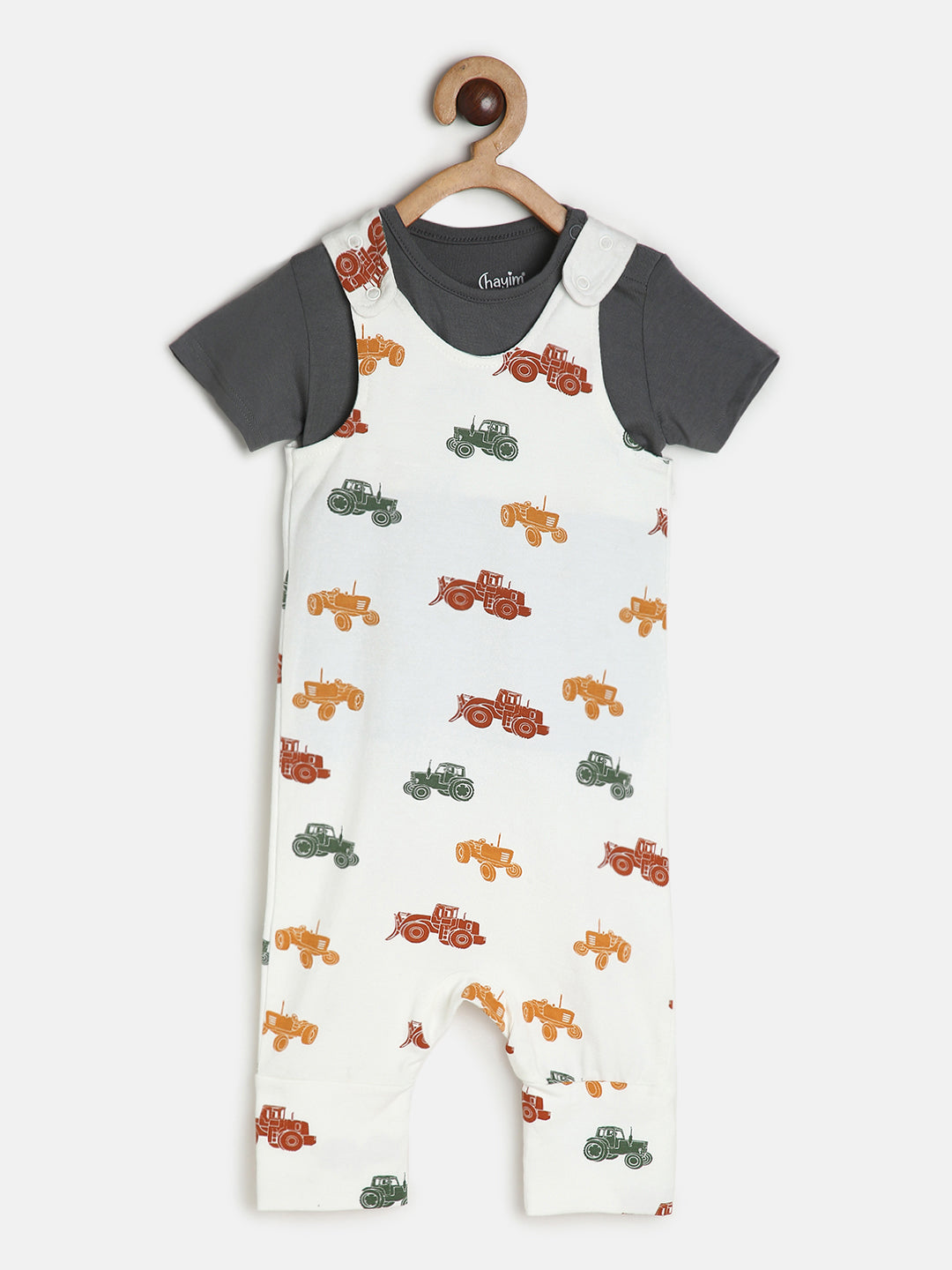 Baby Modal Stretch Dungaree Set Grey Tee /Vehicle Print