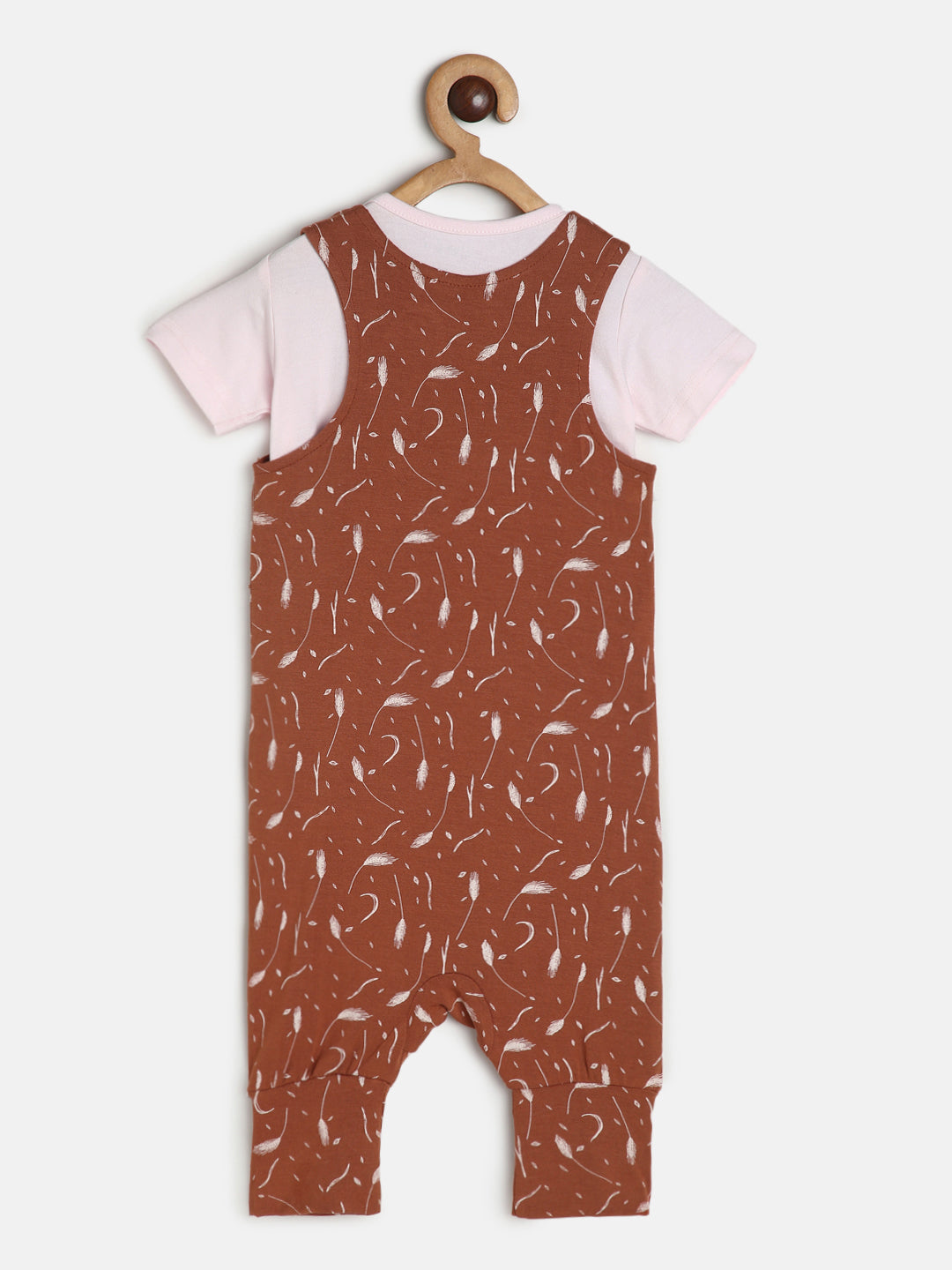 Baby Modal Stretch Dungaree Set Baby Pink Tee /Leaf Print